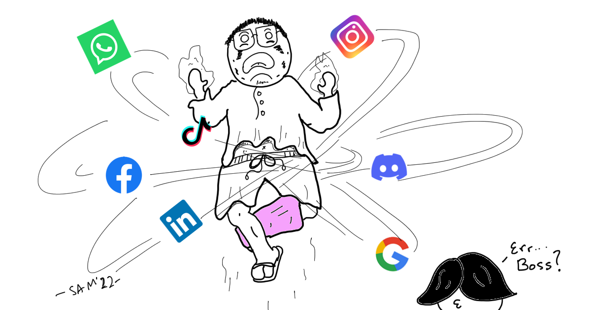Man levitates with power as icons of social media flow around him