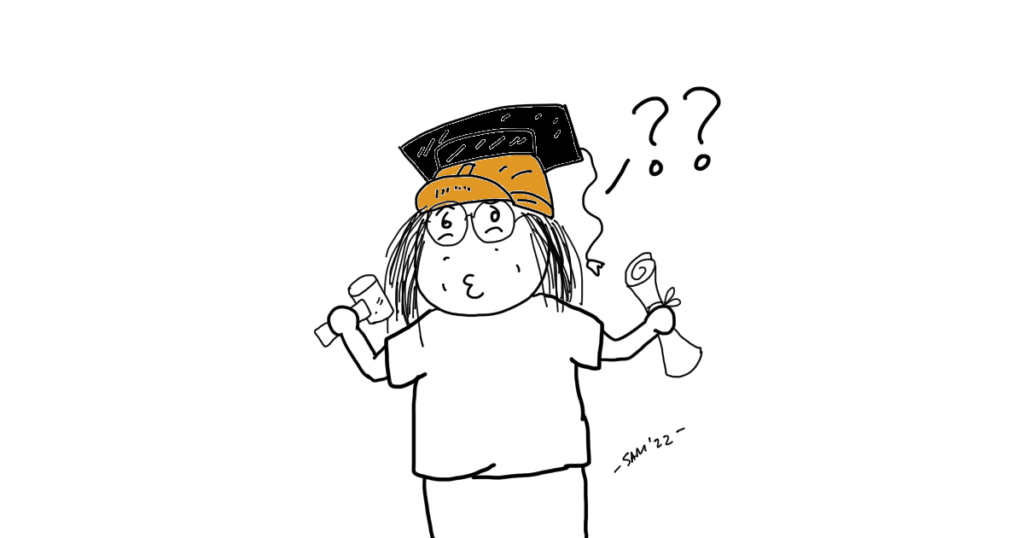 A Gen Z individual wearing glasses is wearing a graduation hat on top of a hard hat while holding a hammer in one hand and a uni degree in another. They look perplexed as to which one is better.
