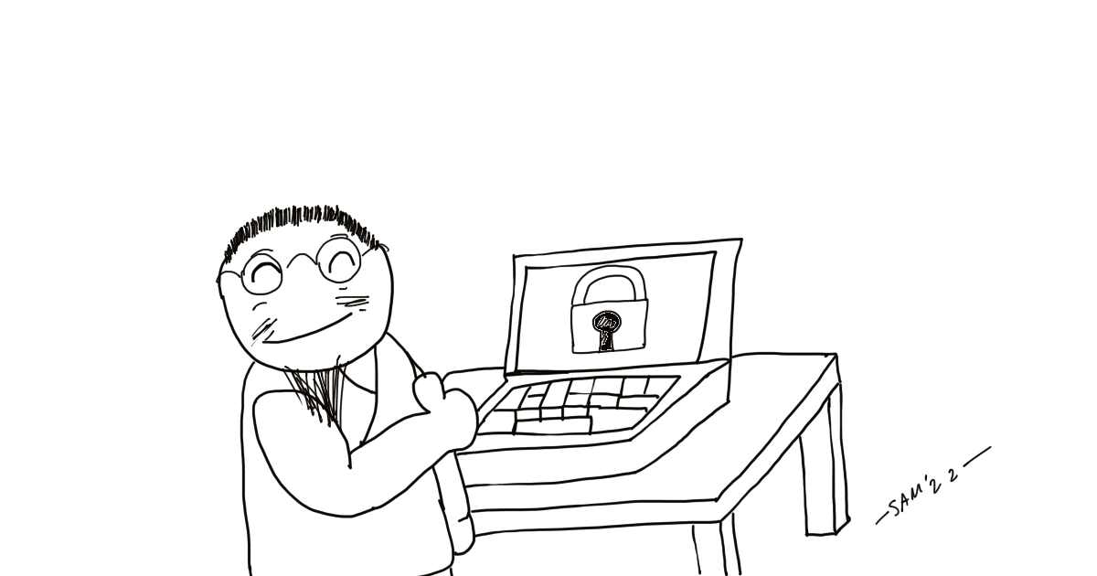 A man standing in front of a computer wearing a kungfu outfit with no sleeves. The computer is displaying digital security with a lock on its screen