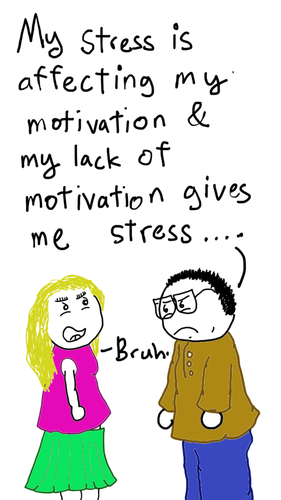 Comic Sam (A man in a traditional Malay outfit) is talking to Kieran The Millenial Karen (a lady in a pink sleeveless top and green skirt). He Says "My stress is affecting my motivation and my lack of motivation gives me stress". Kieran responds by saying 'Bruh'.