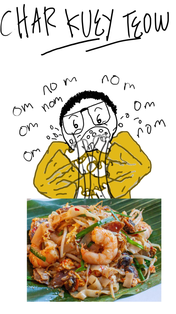 The first panel is titled: Char Kuey Teow.
Comic Sam is hungrily eating a plate of Char Kuey Teow in front of him. Comic Sam goes: om nom nom om nom nom