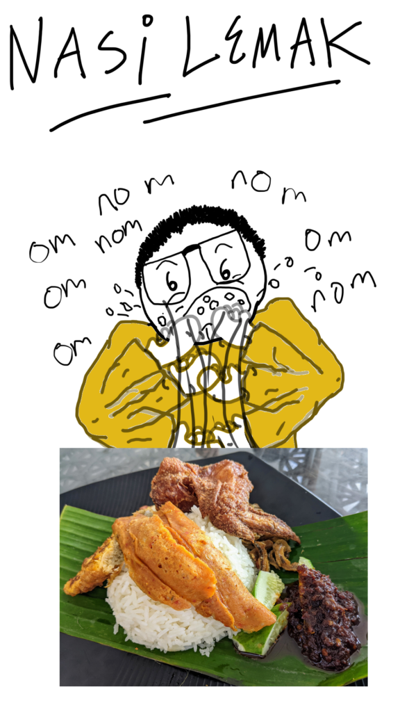 The second panel is titled: Nasi Lemak.
Comic Sam is hungrily eating a plate of Nasi Lemak in front of him. Comic Sam goes: om nom nom om nom nom