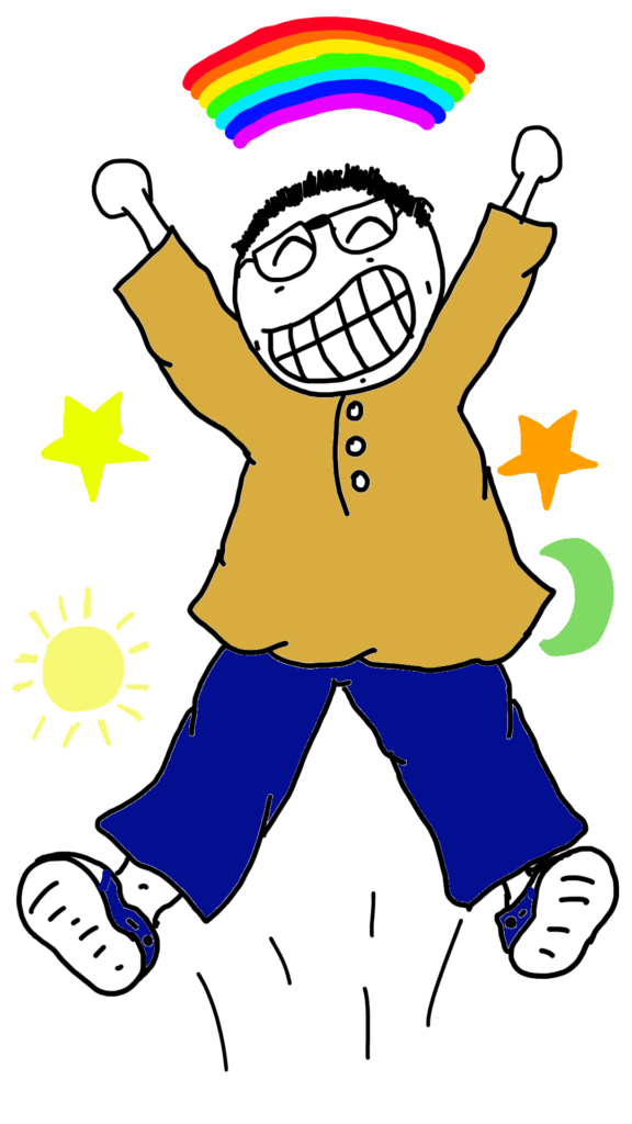 The Image shows Comic Sam (A man in traditional Malay outfit) jumping for joy. Above his head is a rainbow and he is surrounded by little stars, a sun and a moon.