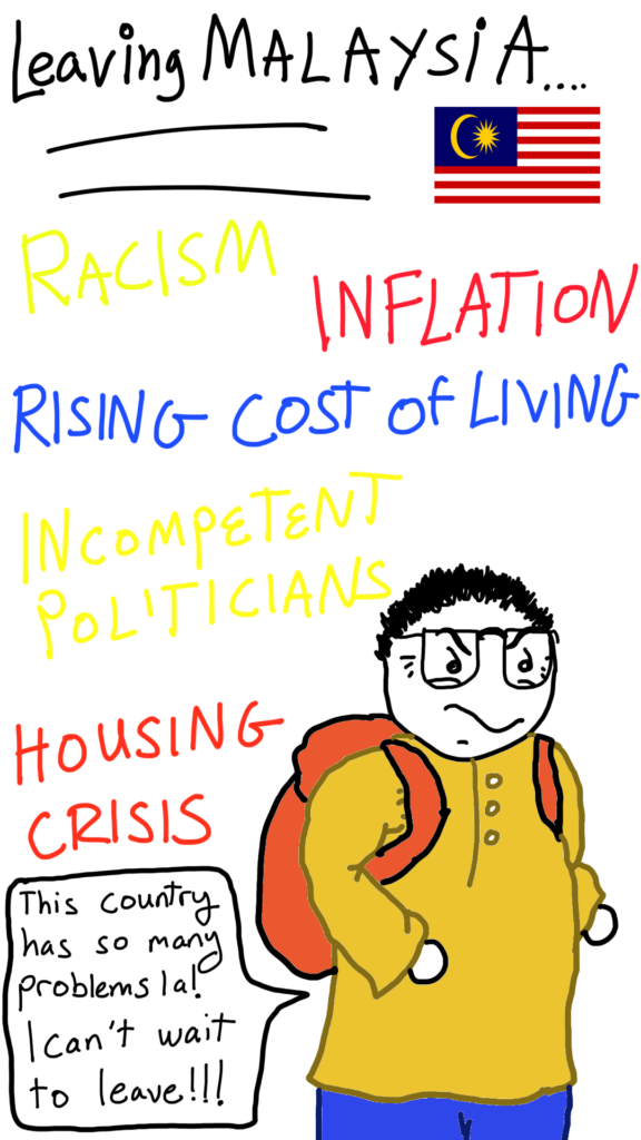 Comic Sam is wearing a backpack and is getting ready to leave Malaysia. Surrounding him are problems experienced living in Malaysia: RACISM, INFLATION, COST OF LIVING CRISIS, INCOMPETENT POLITICIANS, HOUSING CRISIS. 

Comic Sam says: This country has so many problems la! I can't wait to leave!!!