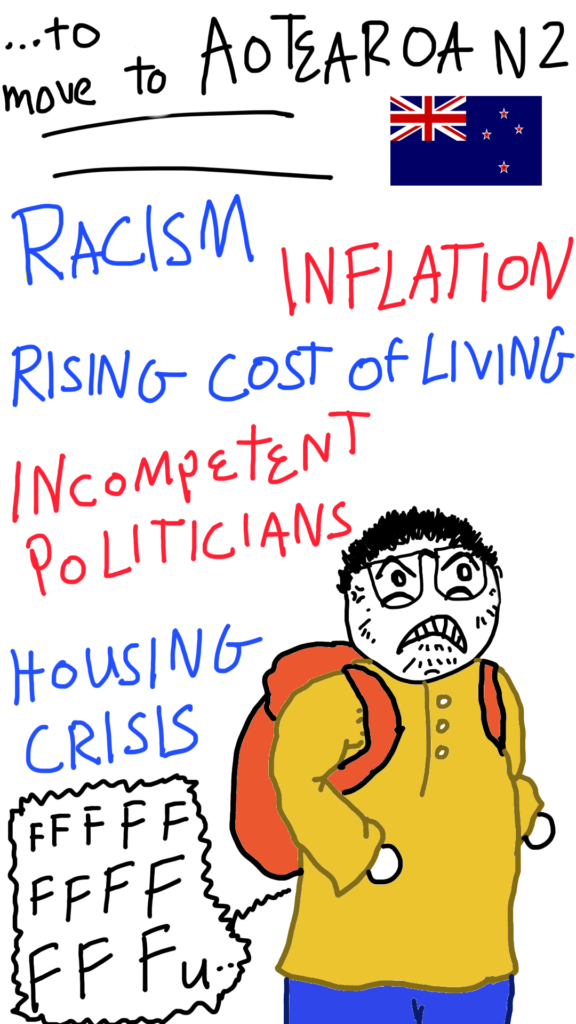 Comic Sam moves to Aotearoa NZ. Here is surrounded by the same problems he had in Malaysia:
RACISM, INFLATION, RISING COST OF LIVING,
INCOMPETENT POLITICIANS, HOUSING CRISIS.

Comic Sam Grits his teeth and yells: FFFFFFFFFFFFu...