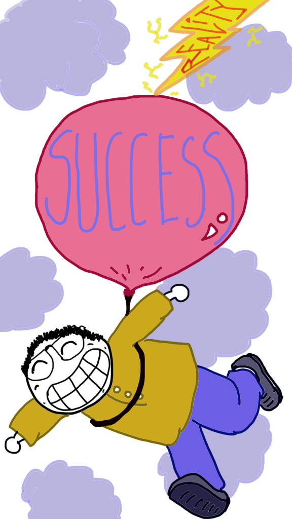 Comic Sam is held aloft in the clouds by a giant red balloon that says success. He has a huge grin on his face and looks very happy. In the upper right corner of the screen a lightning bolt can be seen heading to the balloon - it is labeled 'reality'