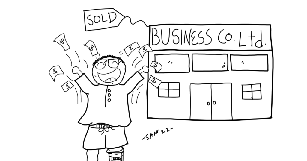 Comic Sam is standing in front of a shop that is named 'Business Co. Ltd'. He is throwing a bunch of money in the air. On the shop there is a tag saying 'SOLD'. Comic Sam has just completed buying a business.
