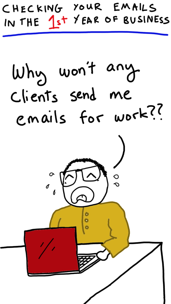 The panel says: Checking your emails in the 1st Year of Business. Comic Sam is sitting in front of his PC, sobbing while saying : Why won't any clients send me emails for work??