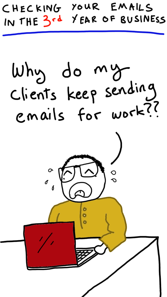 The panel says: Checking your Emails in the 3rd year of business.  Comic Sam is sitting in front of his PC, sobbing while saying : Why do my clients keep sending me emails for work??