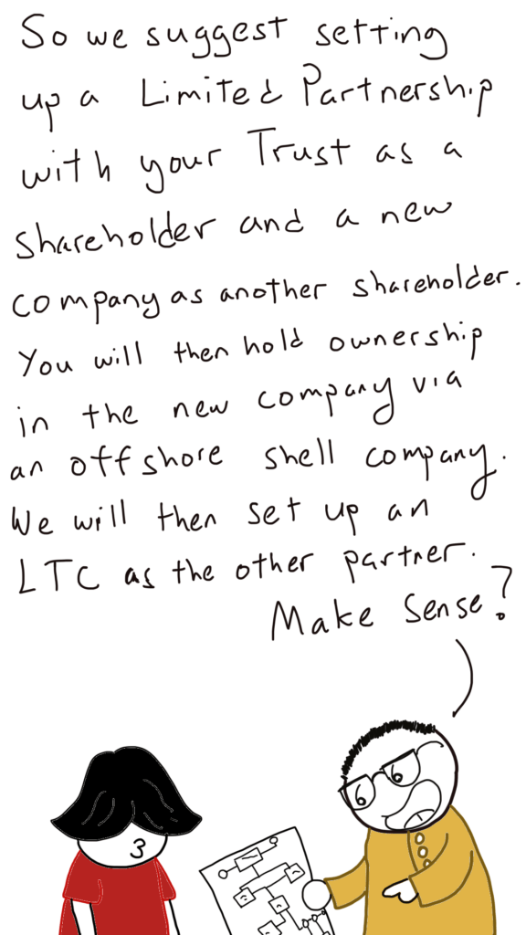 Comic Sam is explaining to Ahmad how to structure his residential rental investment vehicle. He says:

'So we suggest setting up a limited partnership with your Trust as a Shareholder and a new company as another shareholder. You will then hold ownership in the new company via an offshore shell company. We will then set up an LTC as the other partner. Make Sense?