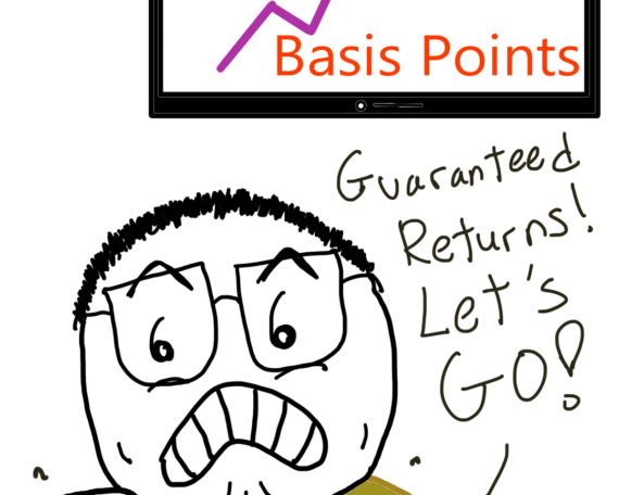 Comic Sam is standing looking pumped while in the background a TV shows a graph going up saying: Rates Hike 100 Basis Points