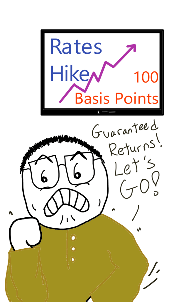 Comic Sam is standing looking pumped while in the background a TV shows a graph going up saying: Rates Hike 100 Basis Points