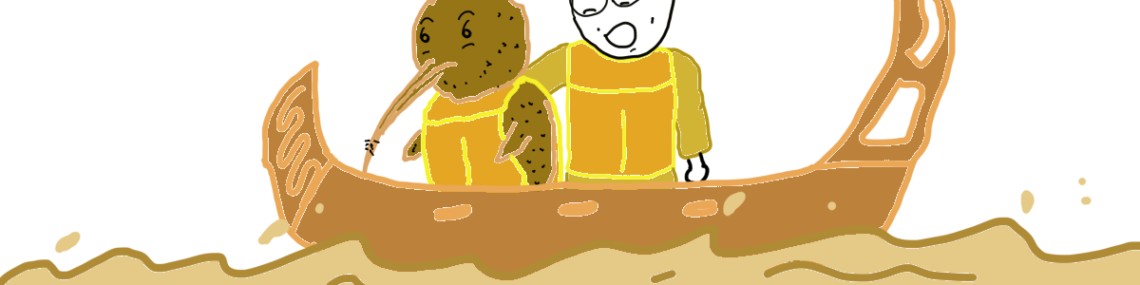 A man in a life jacket (comic Sam) has his hand on the shoulder of a kiwi in a life jacket. They are sitting on a Wak canoe which is floating on brown flood waters. Sam says to the Kiwi: Kia kaha, we're all in this together.