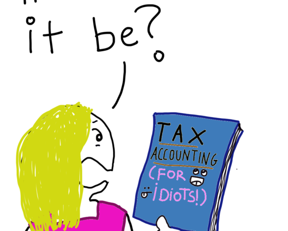 Kieran, a young woman with blonde hair and a pink dress looks at a book for DIY accounting titled: Tax Accounting (For Idiots!). She says to her self: I mean... How hard can it be?