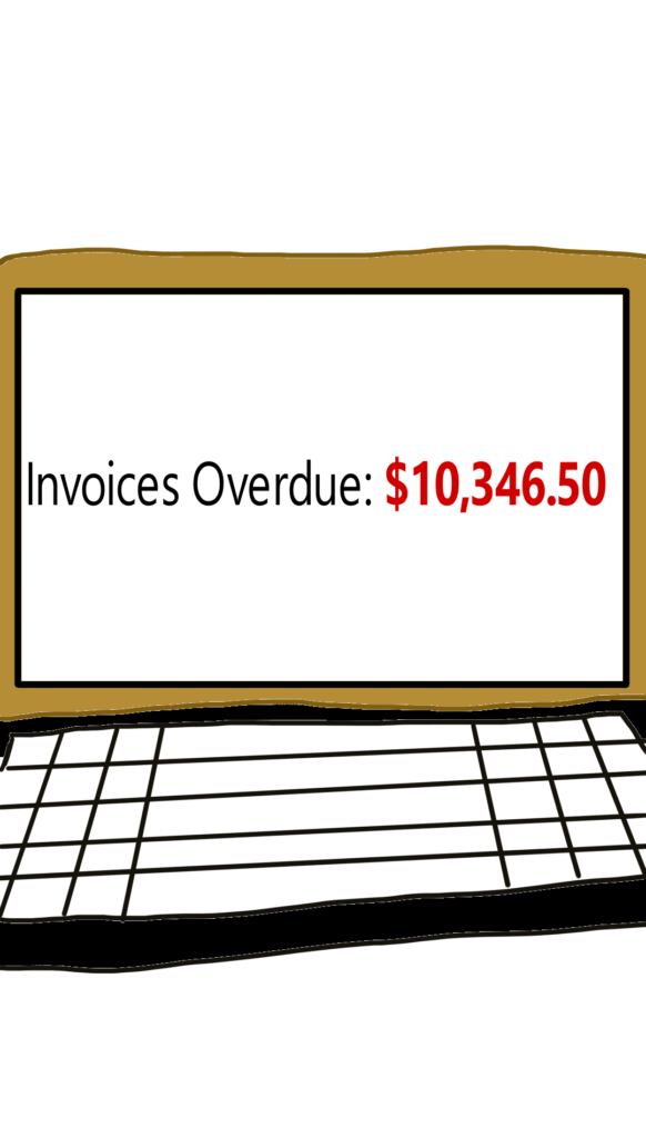 The laptop screen shows a notification: Invoices Overdue: $10,346.50.