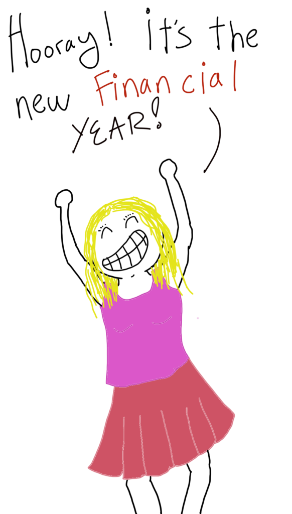 A blond lady in a pink top and red skirt is leaping with her hands raised. She looks happy. She says 'Hooray! It's the new financial year!'
