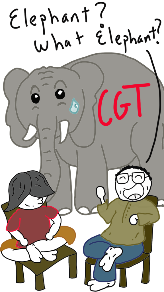 An elephant in the background with CGT written on its side looks nervous as it onlooks two men sitting on chairs talking to each other. One man exclaims: Elephant, what Elephant?