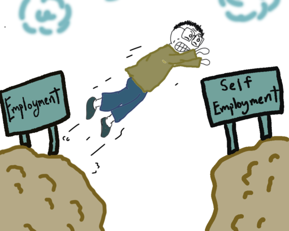 A man jumps from one cliff that says 'Employment' to another cliff that says 'Self Employment'. There is a deep ravine between both cliffs. There are clouds in the background.