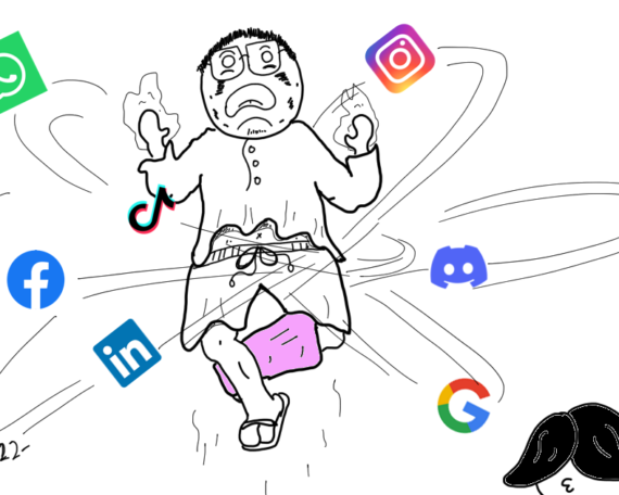 A man psychic levitating and surrounded by social media logos