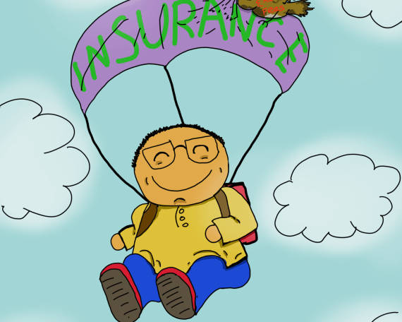 Man in a yellow malay shirt gently floating down from the sky with his parachute labelled, "insurance". A bird labelled, "excess fees" tries to rip it apart but it is unable to do so