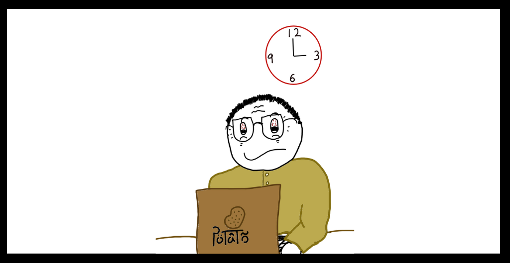 Guy in traditional malay wear using laptop with a clock in the background