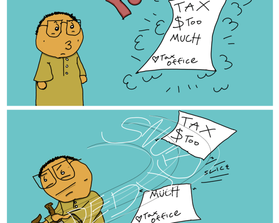 A man wearing a yellow traditional shirt is visited by a floating piece of tax paper which is shows a deduction of, "way too much" The man then proceeds to slash and slice the paper in two.