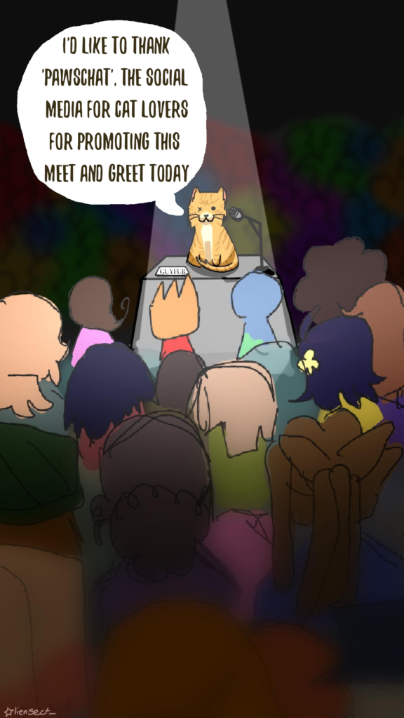 Guyfur the cat stands in the middle of a crowd and thanks them for attending his meet and greet. The meet and greet was organized through pawschat which is a social media platform for cat lovers. 
