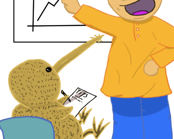A man in a yellow traditional malay shirt teaching a kiwi bird accounting tips for the year 2024
