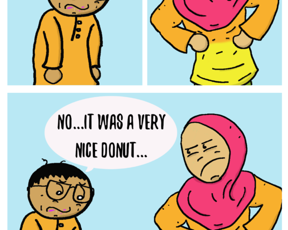 A man in a traditional malay shirt is sorry he took the last donut as he is being reprimanded by a girl in a hijab. When asked if he was really sorry, the man in the traditional malay shirt replied, "no...it was a very nice donut"