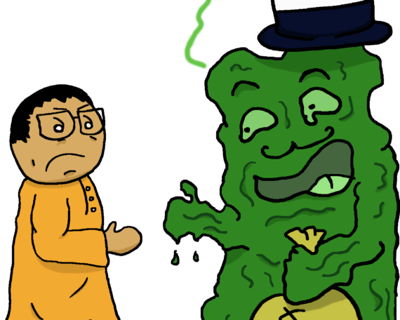 Man in traditional malay shirt is offered a partnership with a slime in a fancy top hat holding a bag of money