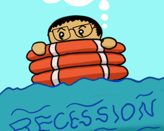 Malay man in glasses floating in a sea labelled as recession says, "Should have gotten more floats."