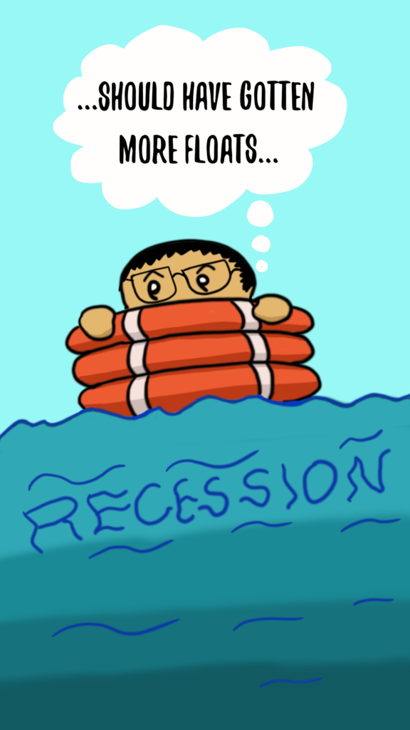 Malay man in glasses floating in a sea labelled as recession says, "Should have gotten more floats."