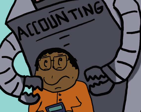 A man wearing an orange traditional malay clothes, holding a calculator is afraid of the accounting robot looking over him