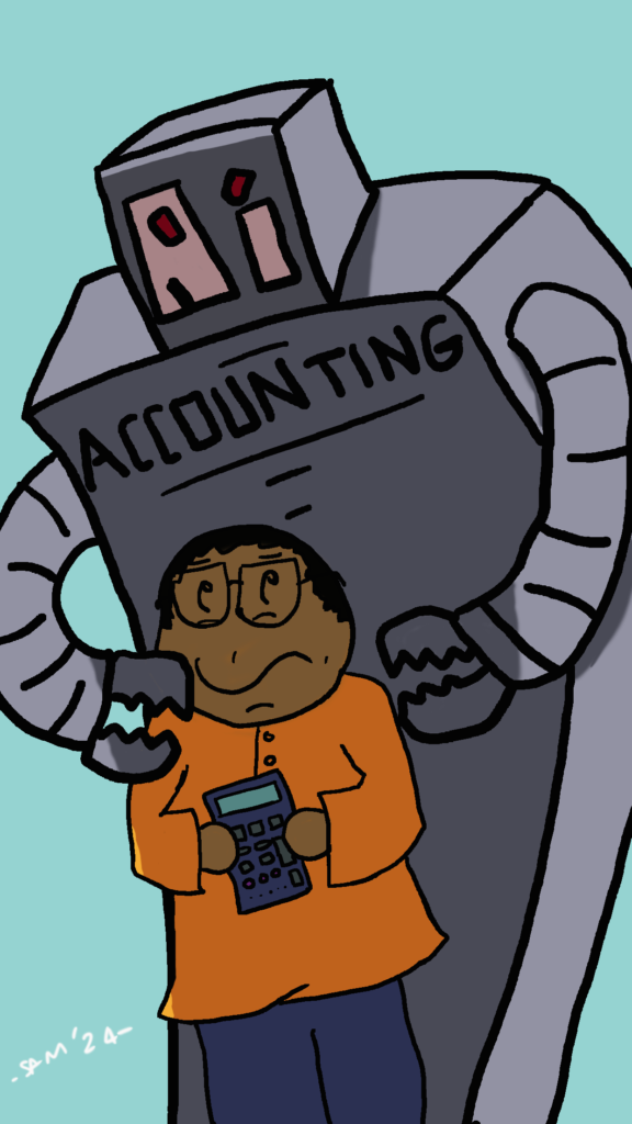 A man wearing an orange traditional malay clothes, holding a calculator is afraid of the accounting robot looking over him