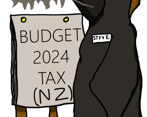 Tax grim reaper Steve shows cue card titled, "Budget 2024 Tax (New Zealand)" and says; "Here's what you need to know..."