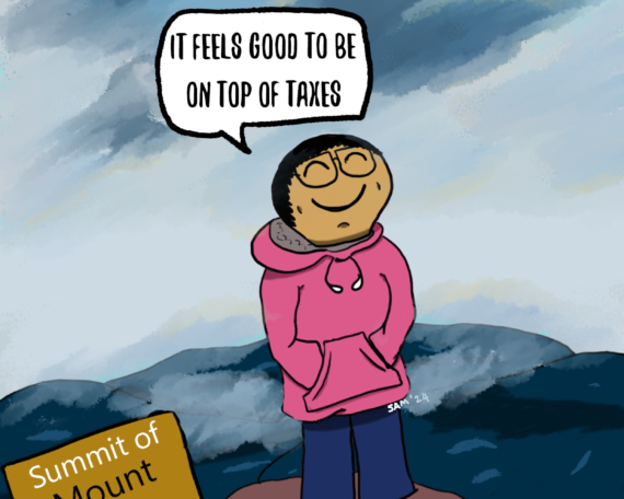 A man in a pink sweatshirt stands triumphantly on the summit of Mount Taxes and says, "it feels good to be on taxes."