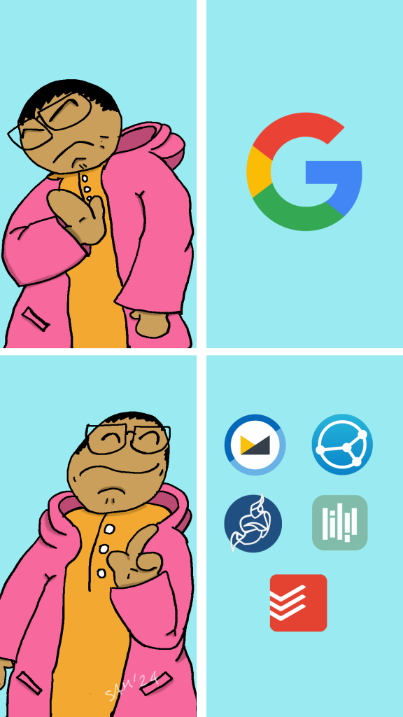 Drake meme is referenced.
Man in malay trad shirt wearing pink sweater rejects google in the first panel. In the second panel the man is seen happy cause he found other apps that are good alternatives such as Fastmail and others.