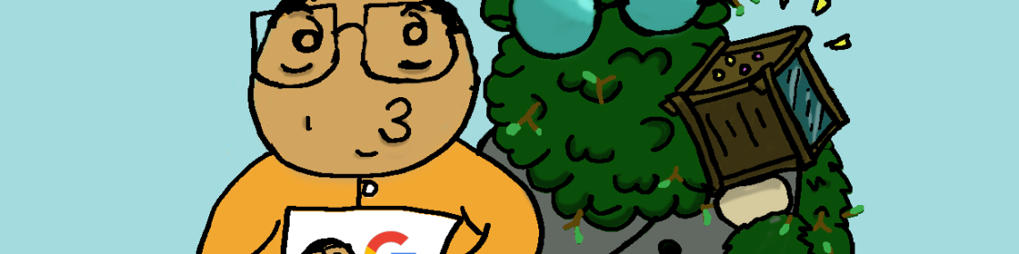 A man holds a picture of himself standing next to a man with a Google logo for a head. Behind him stands a Grassy Bush Man with Glasses. The Man says ' why did they have to be Evil, Gritsy!' - 'Waah' In the next panel, Gritsy, the Grassy Bush Person says 'I made you a solar powered file sharing server from recyclables'. In the third panel, the picture is ripped, and the half with the Google Logo man is sitting in the puddle. There is a dialogue between the man and Gritsy. He wants to buy ice cream but Gritsy is vegan. They get sorbets instead.