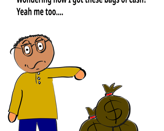 A man in a malay shirt asks if anyone knows how he ended up with piles of cash, because even he does not know!