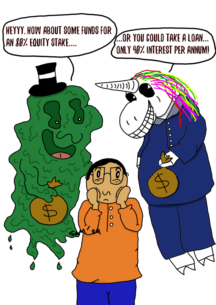 A guy in a traditional malay shirt is seen being haunted by a slime monster in a hat asking, "Heyyy, how about some funds for an 80% Equity Stake"

While on his other side, Credit Unicorn is asking, "you could take a loan...only 40% interest per annum!"