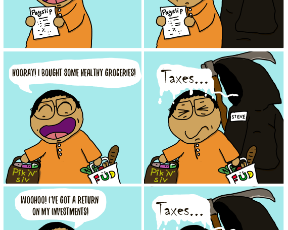 6 panel comic that show's a man in a traditional malay shirt who exclaims, "I just got paid" with the Tax Reaper demanding taxes afterwards. The man in the traditional malay shirt bought healthy groceries. The tax reaper comes to claim taxes. The man in the traditional malay shirt got a return on investments and the tax reaper comes to claim taxes, which makes the man very angry