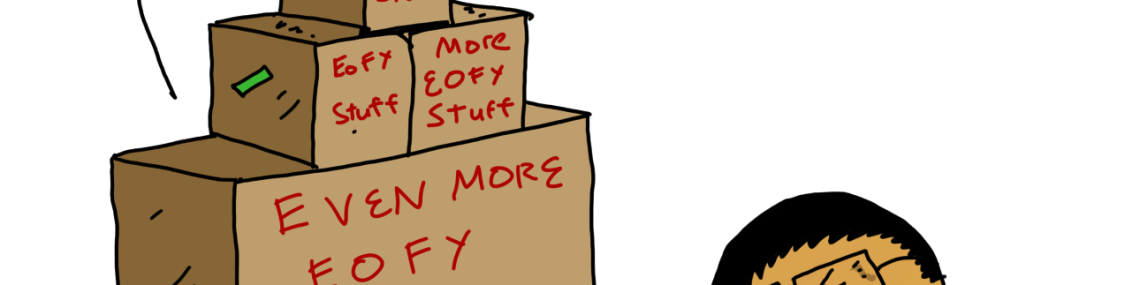 A guy is holding a stack of boxes labelled, "End of year stuff" which is taller than his head is saying, "I think...that's all of it..." While another person in a orange shirt is seen rubbing the temple of his forehead