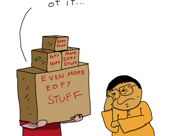A guy is holding a stack of boxes labelled, "End of year stuff" which is taller than his head is saying, "I think...that's all of it..." While another person in a orange shirt is seen rubbing the temple of his forehead